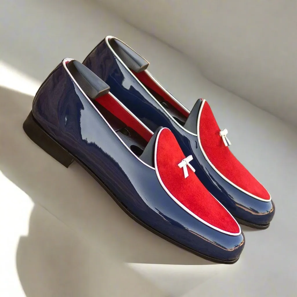 Ambrogio Bespoke Custom Men's Shoes Red & Cobalt Blue Suede / Patent Leather Belgian Loafers (AMB2229)
