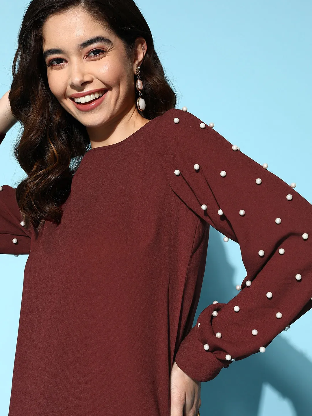 Berrylush Women Solid Maroon Round Neck Button-Up Straight Hem Embellished A-Line Mini Dress