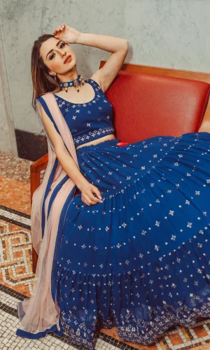 Blue Lehenga Choli with Sequins and Resham Embroidery