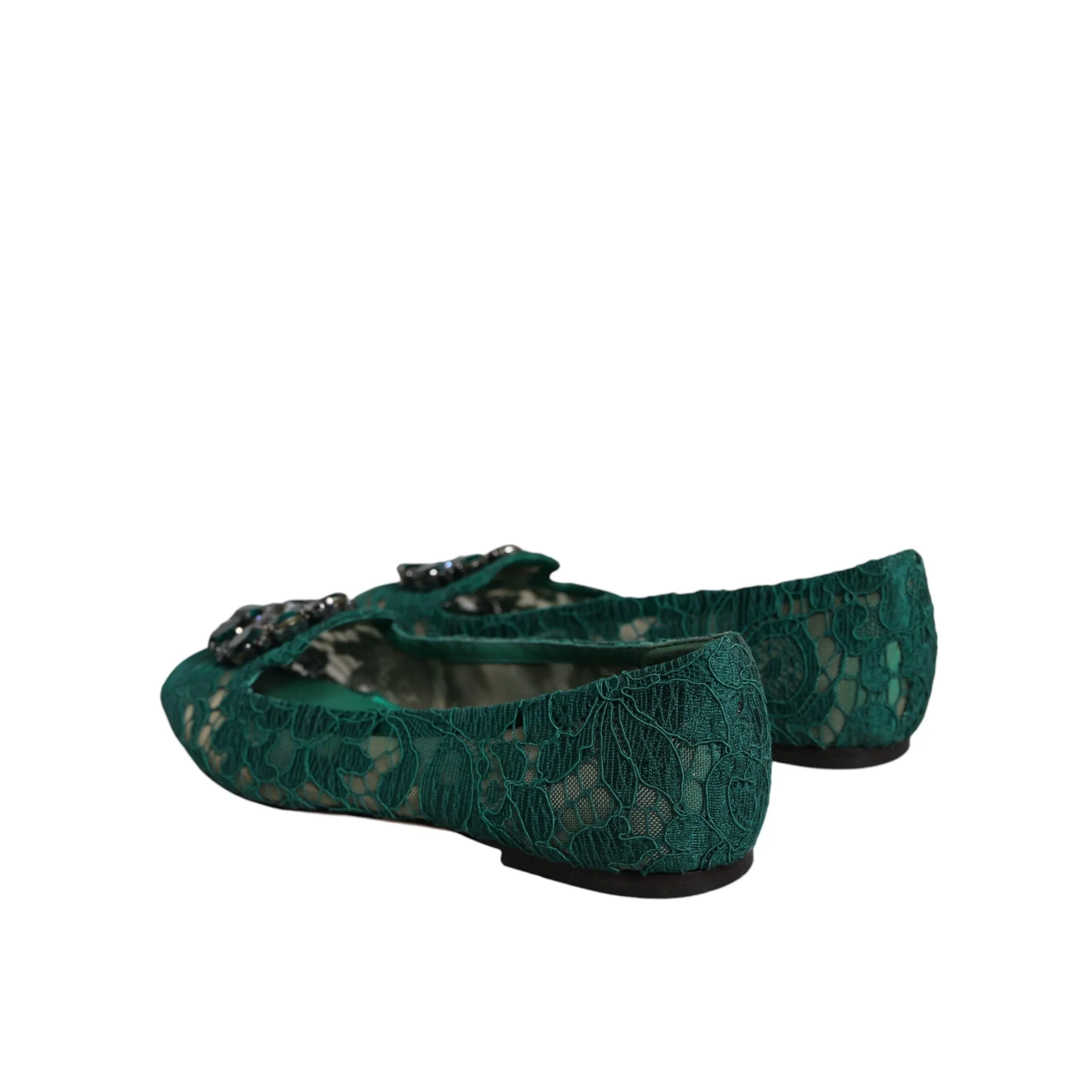 Dolce & Gabbana Green Lace Crystal Ballet Flats Loafers Shoes