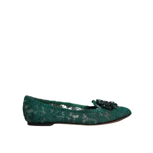 Dolce & Gabbana Green Lace Crystal Ballet Flats Loafers Shoes
