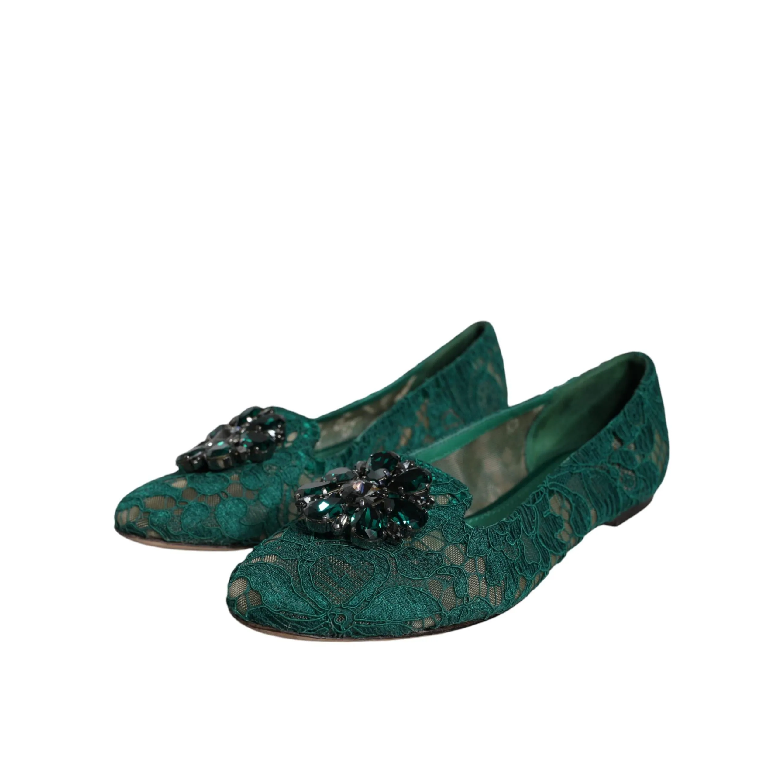 Dolce & Gabbana Green Lace Crystal Ballet Flats Loafers Shoes