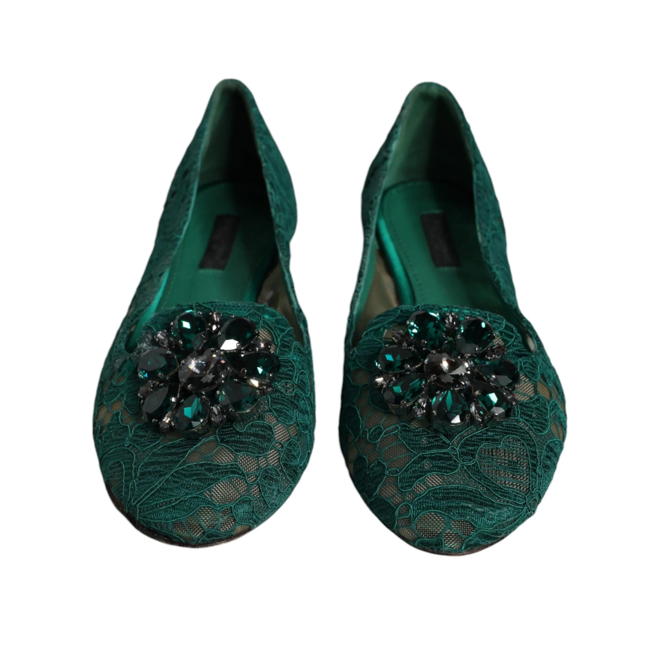 Dolce & Gabbana Green Lace Crystal Ballet Flats Loafers Shoes