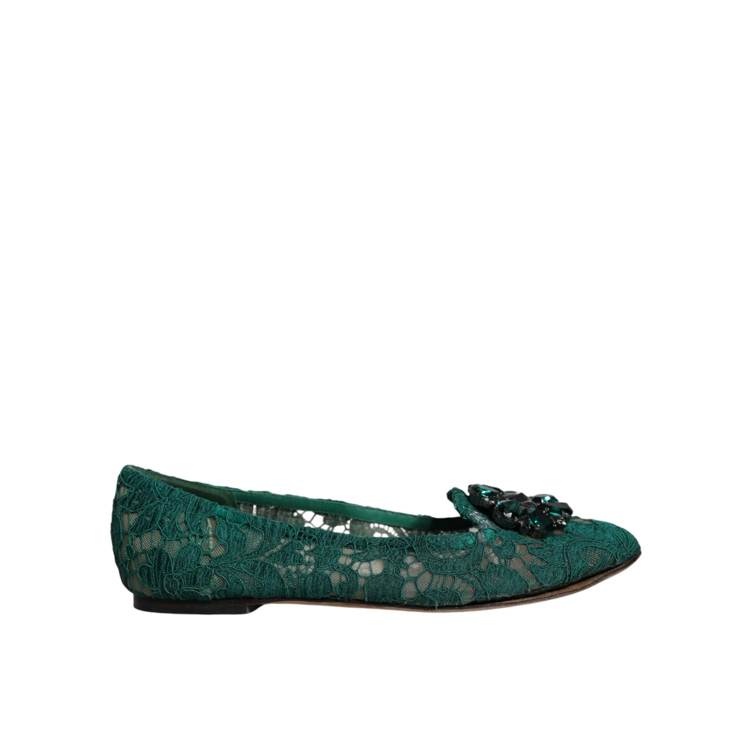 Dolce & Gabbana Green Lace Crystal Ballet Flats Loafers Shoes