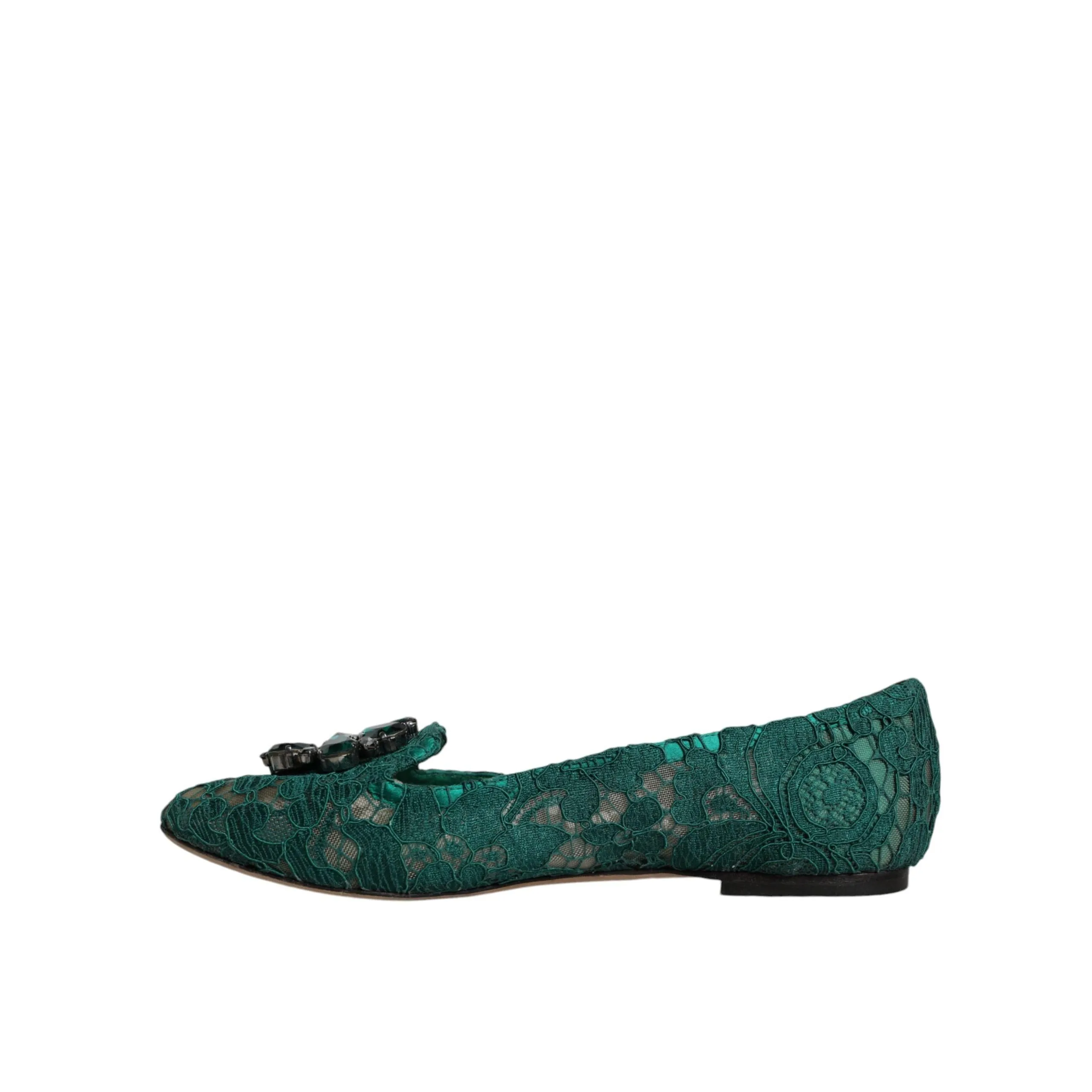 Dolce & Gabbana Green Lace Crystal Ballet Flats Loafers Shoes