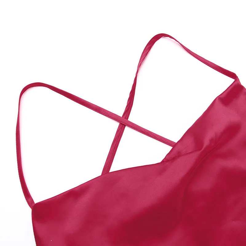 French Style Red Satin Slip Dress
