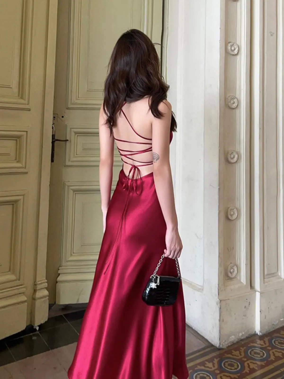French Style Red Satin Slip Dress
