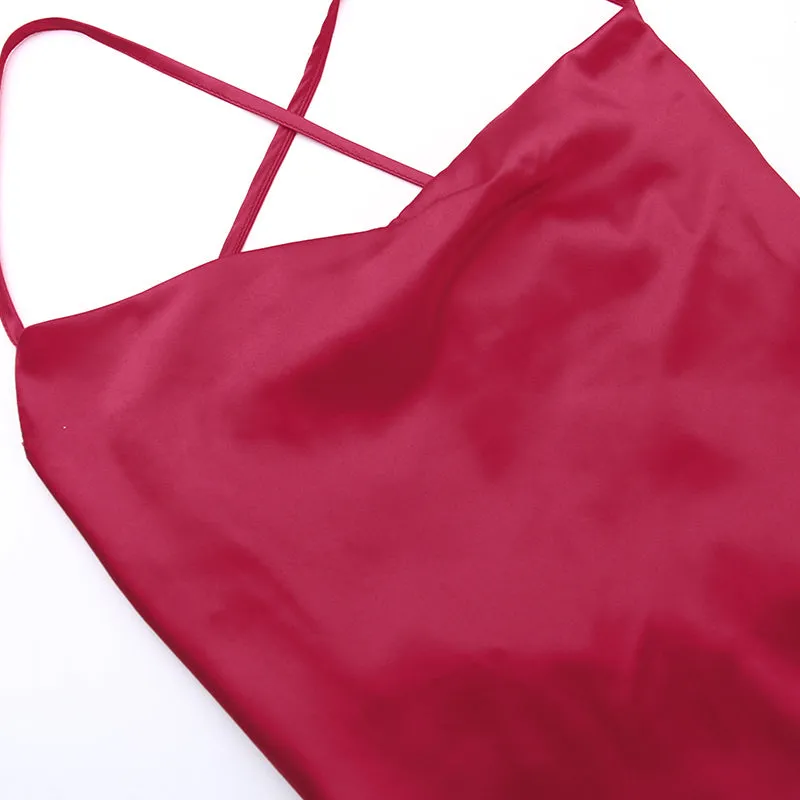 French Style Red Satin Slip Dress