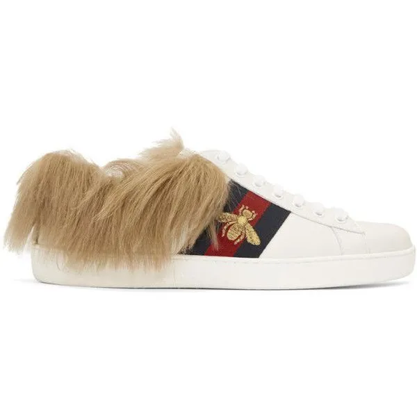 Gucci Calfskin Wool Web Bee Embroidered Mens Ace Sneakers