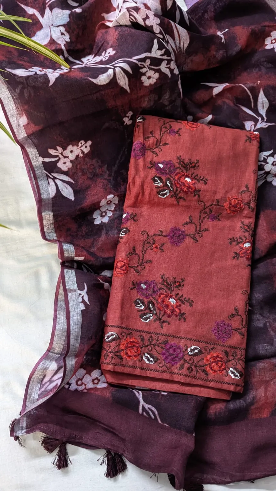 Linen Cotton Dress Material with Cross Stitch Embroidery