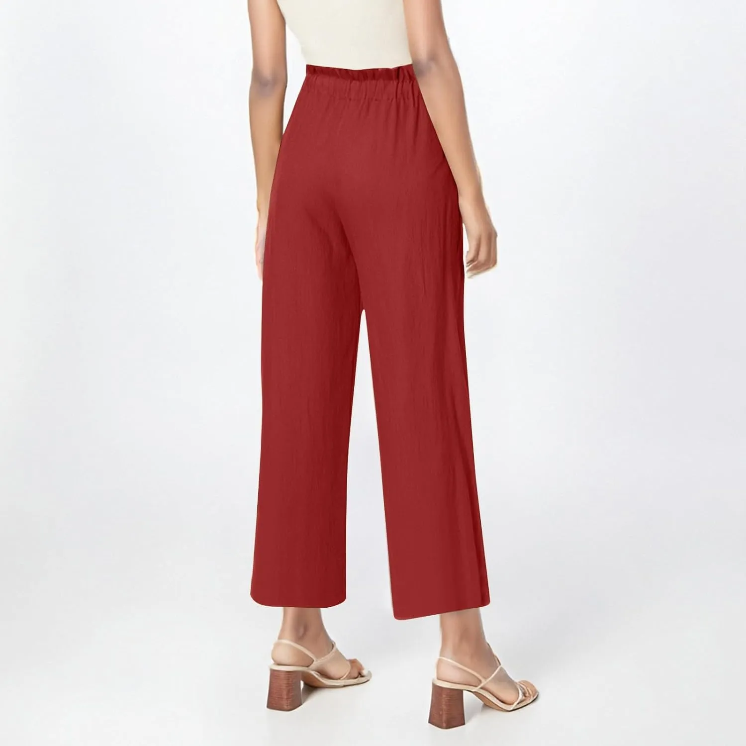 Miyaomn Wide Leg Linen Pants for Women Drawstring Summer Palazzo Flowy Pants Casual Loose High Waisted Trousers with Pockets