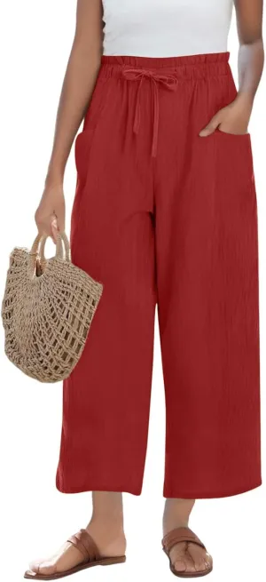 Miyaomn Wide Leg Linen Pants for Women Drawstring Summer Palazzo Flowy Pants Casual Loose High Waisted Trousers with Pockets