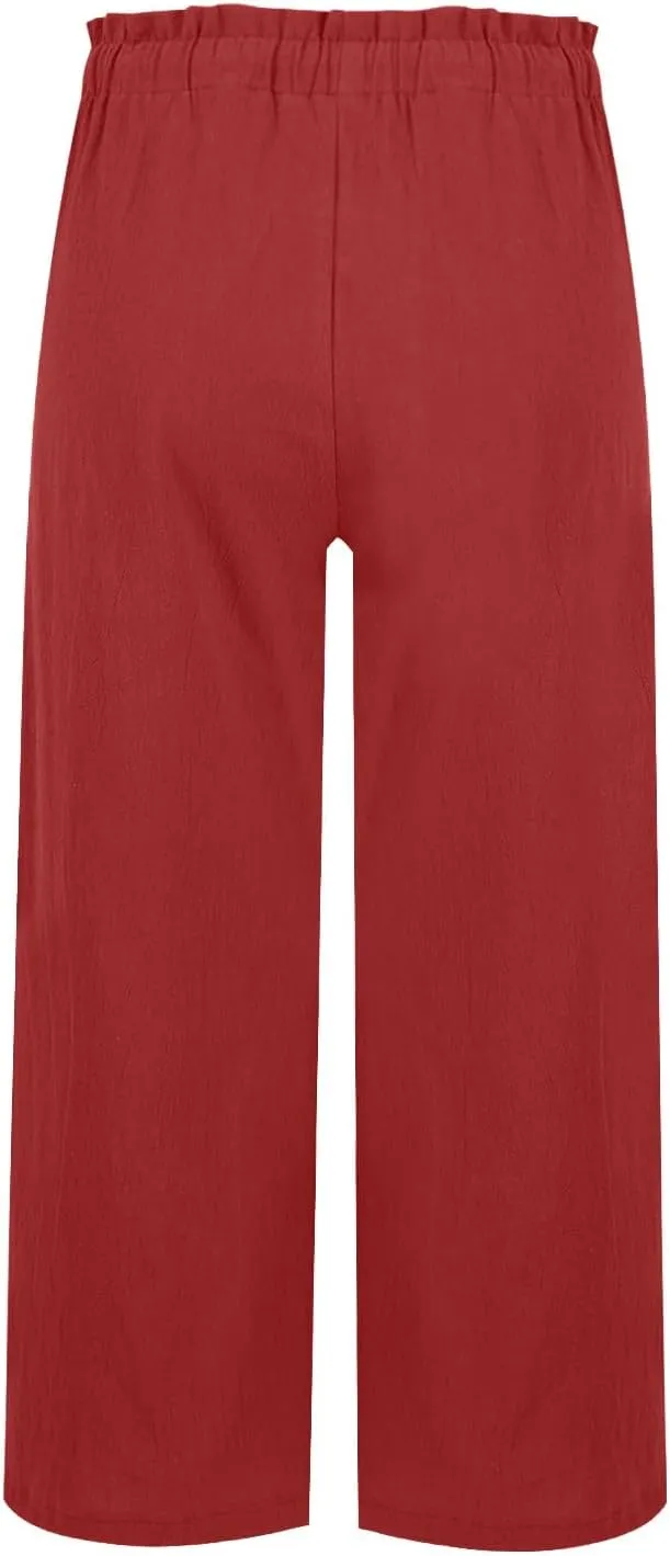 Miyaomn Wide Leg Linen Pants for Women Drawstring Summer Palazzo Flowy Pants Casual Loose High Waisted Trousers with Pockets
