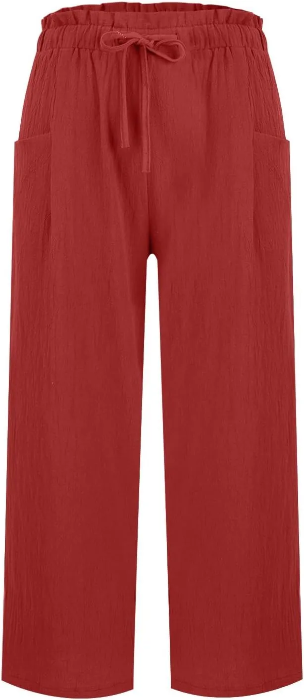 Miyaomn Wide Leg Linen Pants for Women Drawstring Summer Palazzo Flowy Pants Casual Loose High Waisted Trousers with Pockets