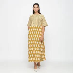 Mustard Block Printed Cotton Ankle Length Snug Dress
