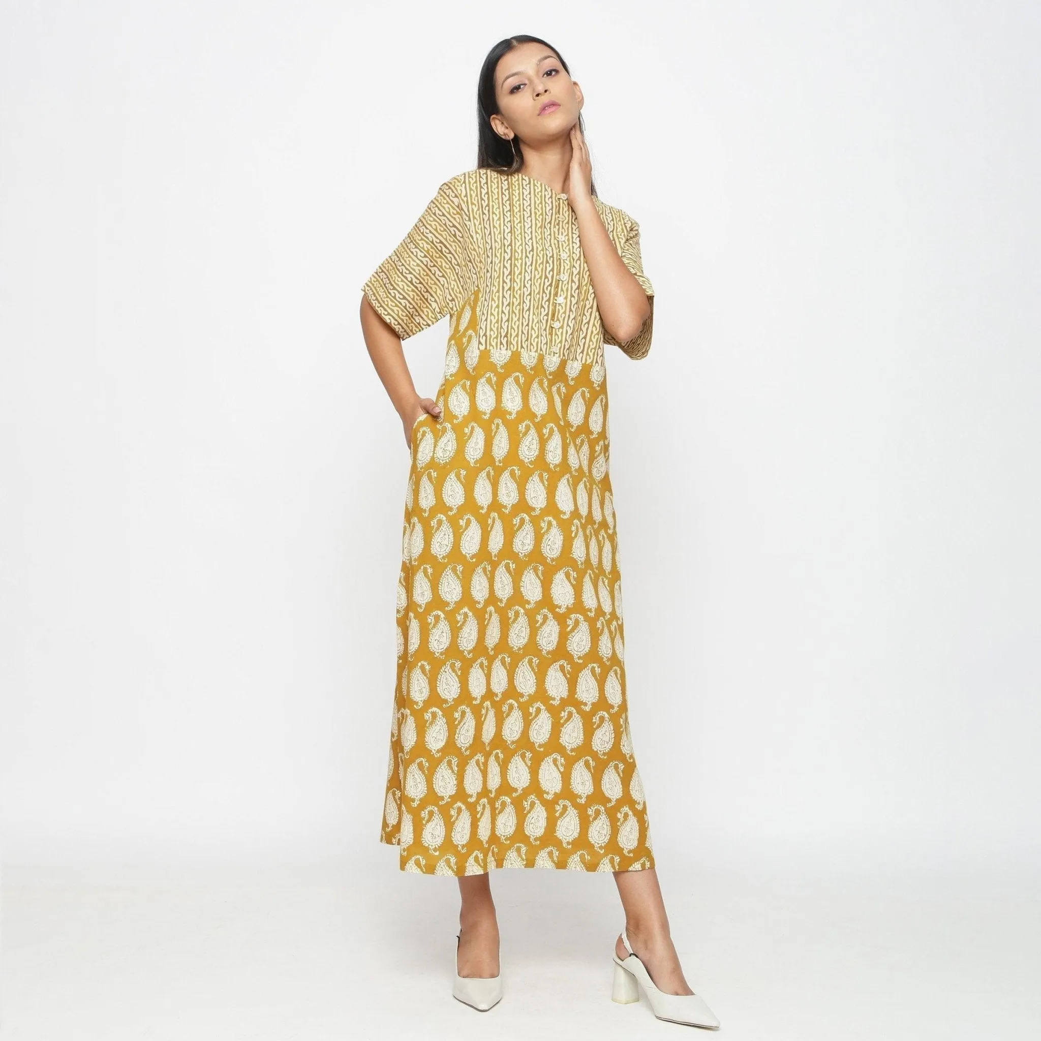Mustard Block Printed Cotton Ankle Length Snug Dress