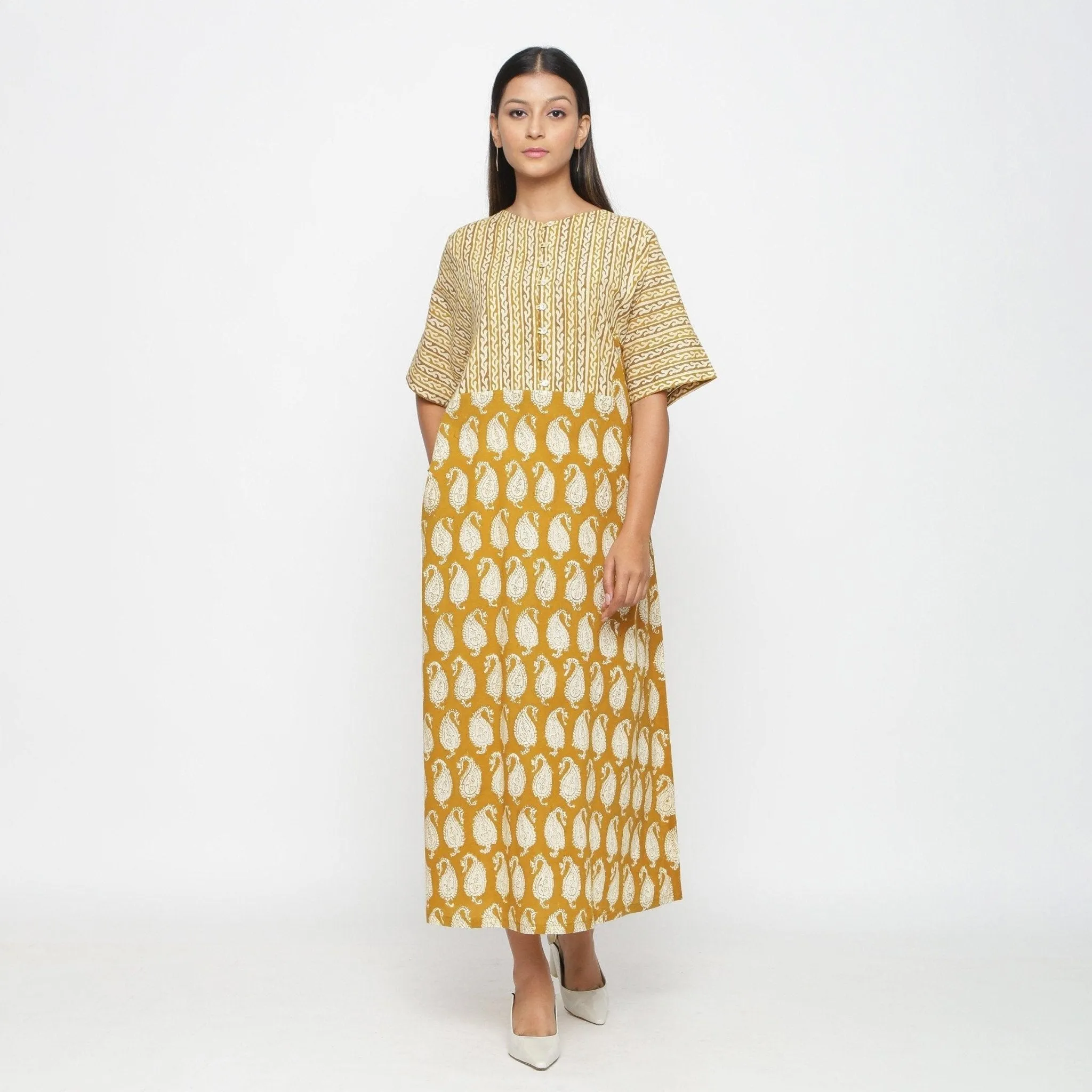 Mustard Block Printed Cotton Ankle Length Snug Dress