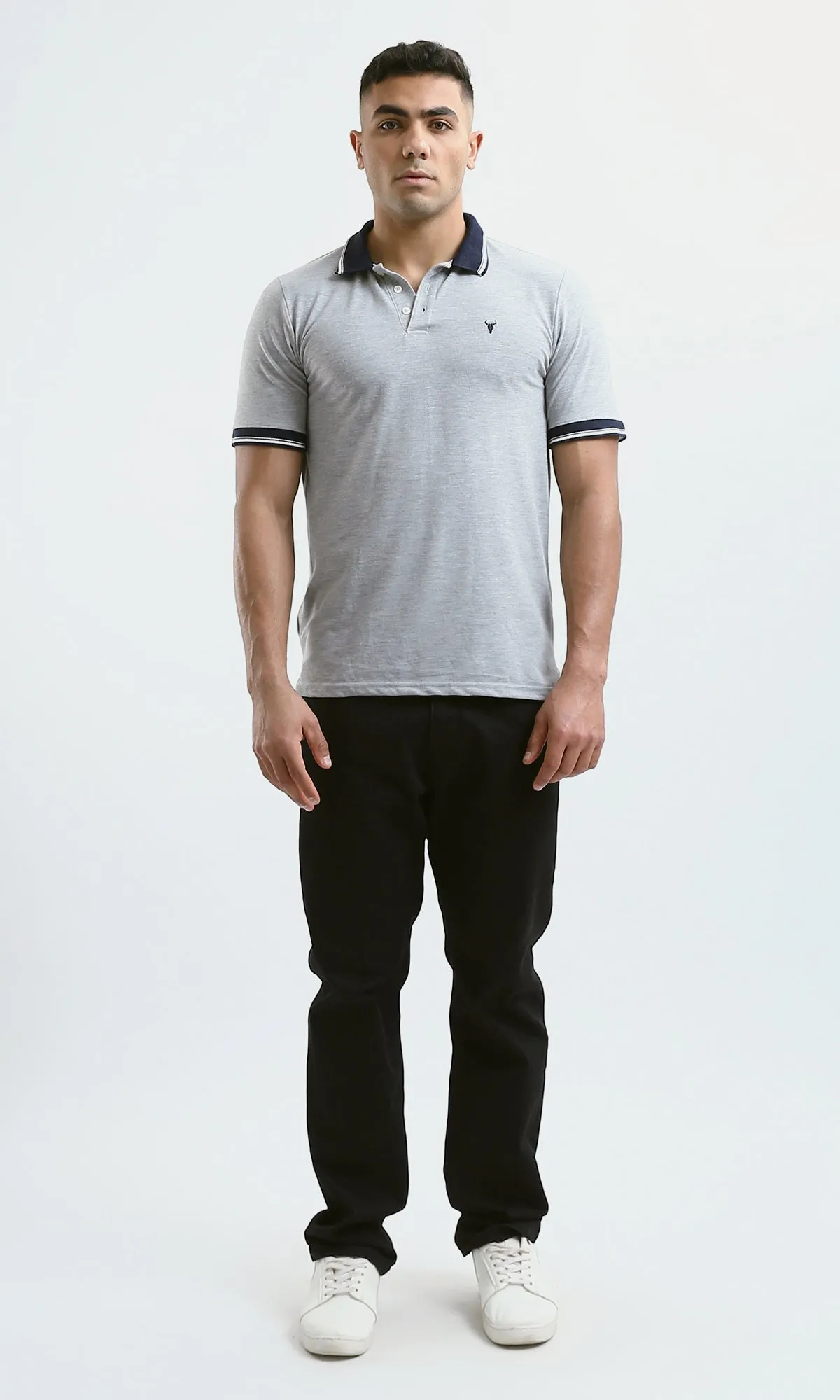 O180822 Heather Light Grey Polo Shirt With Classic Collar