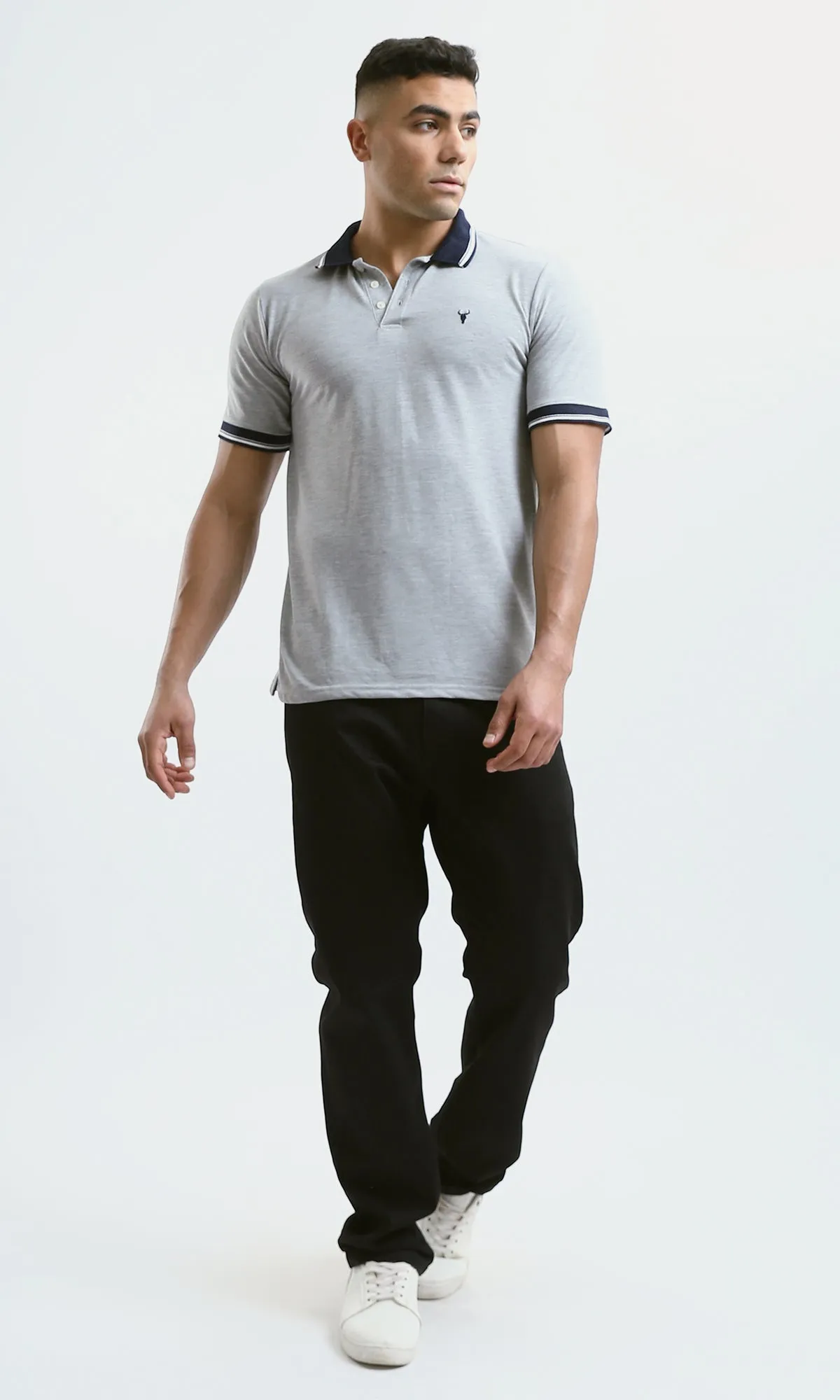 O180822 Heather Light Grey Polo Shirt With Classic Collar