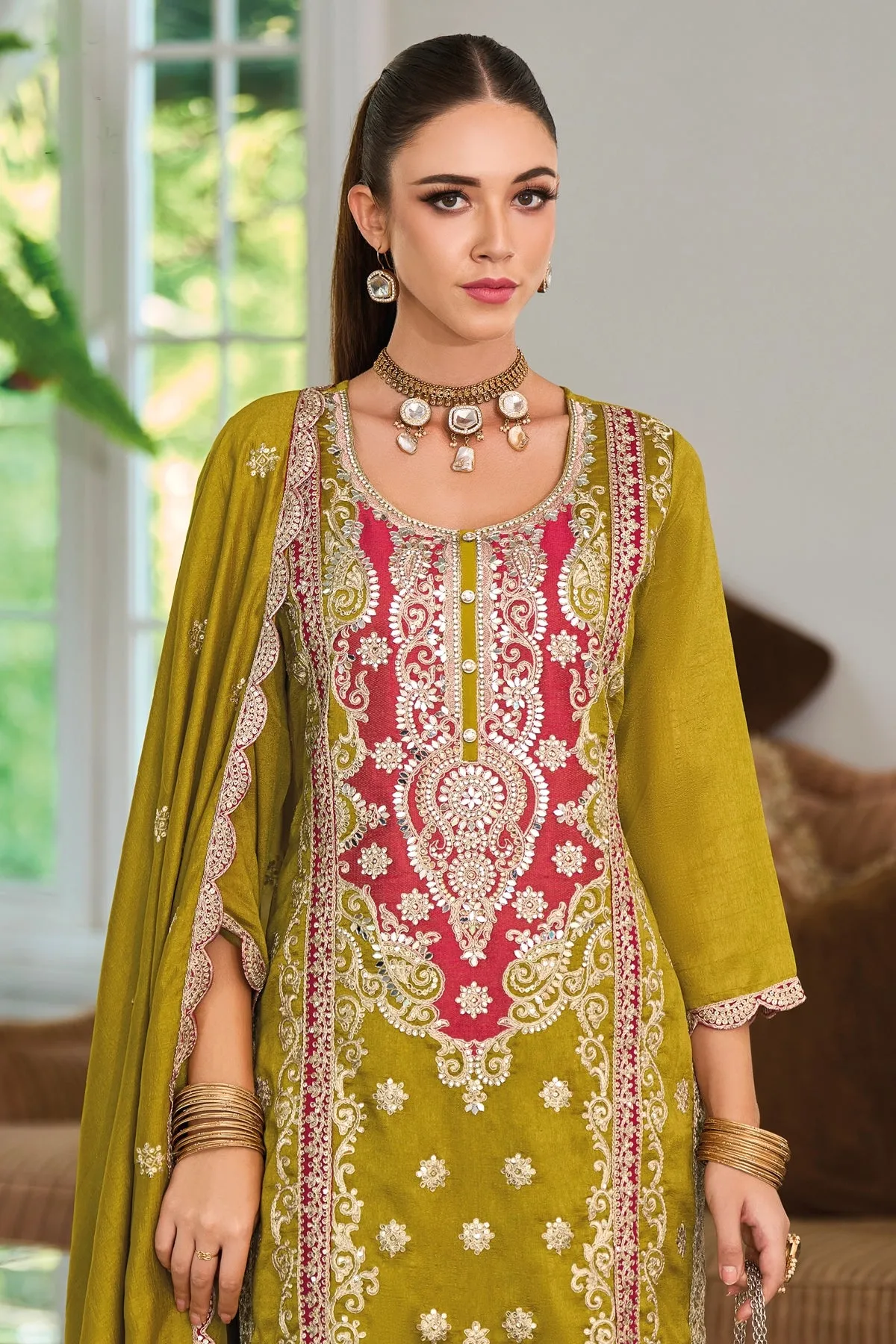 Olive Green Silk Embroidered Kurta Palazzo Suit