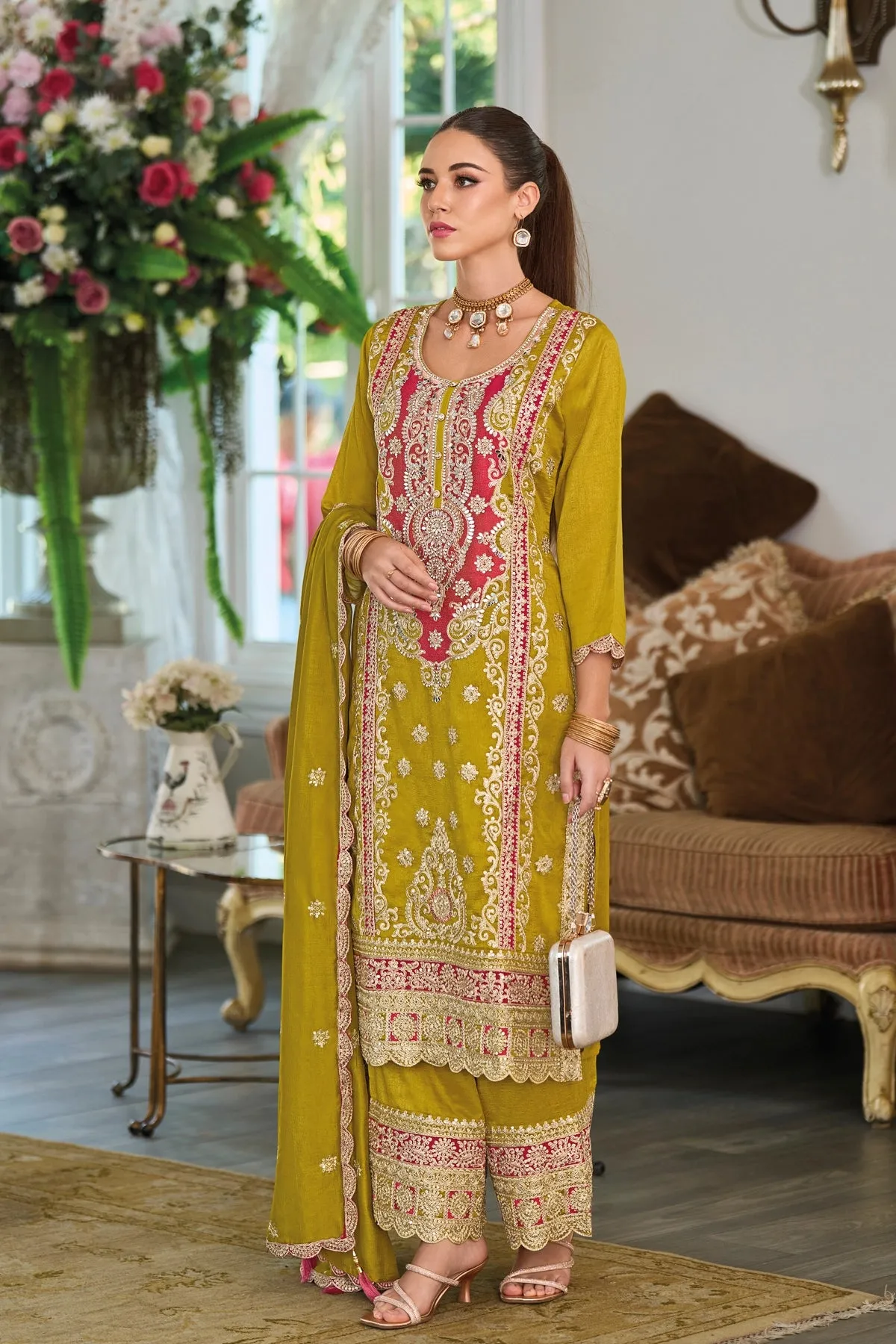 Olive Green Silk Embroidered Kurta Palazzo Suit