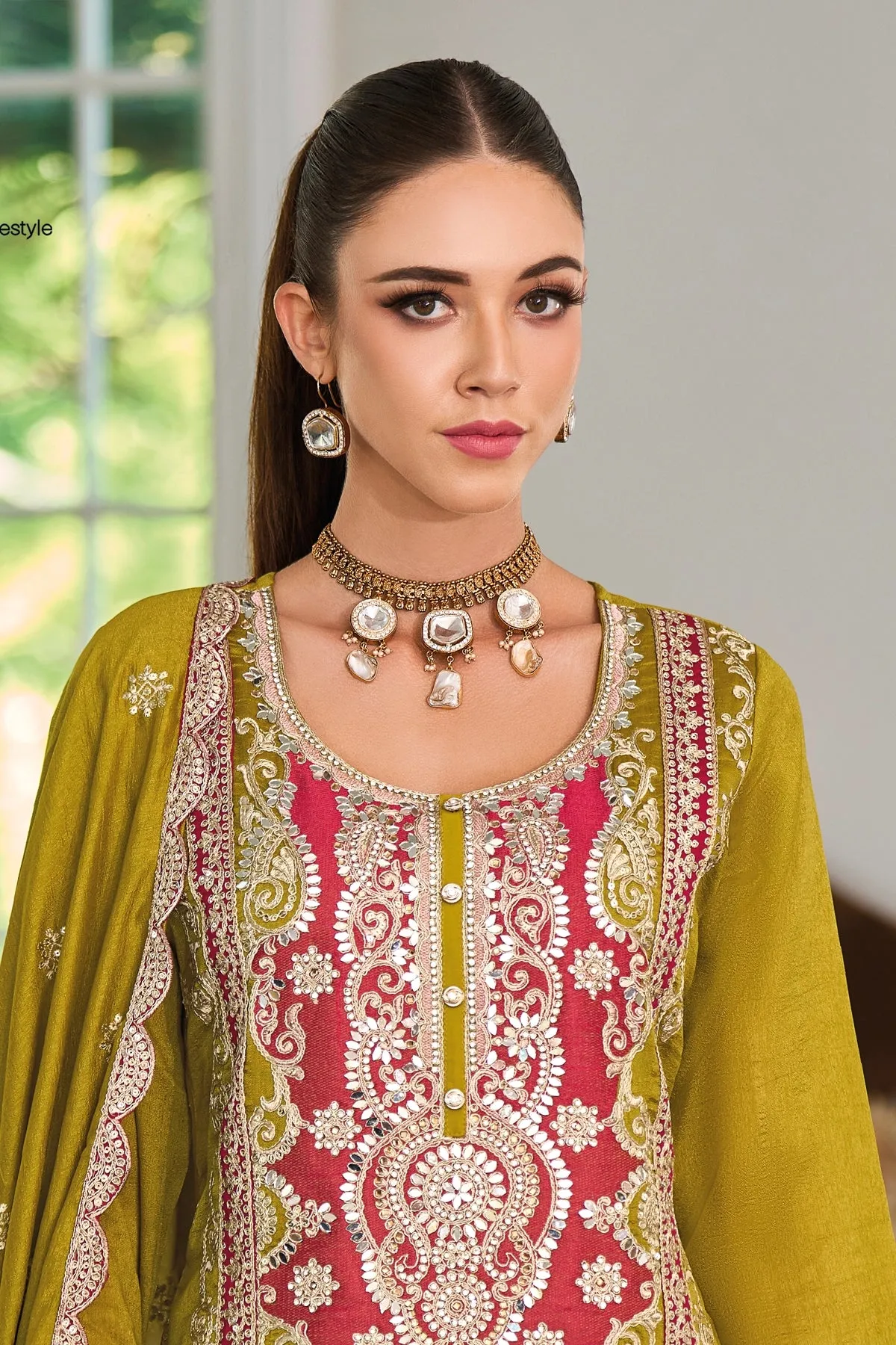 Olive Green Silk Embroidered Kurta Palazzo Suit