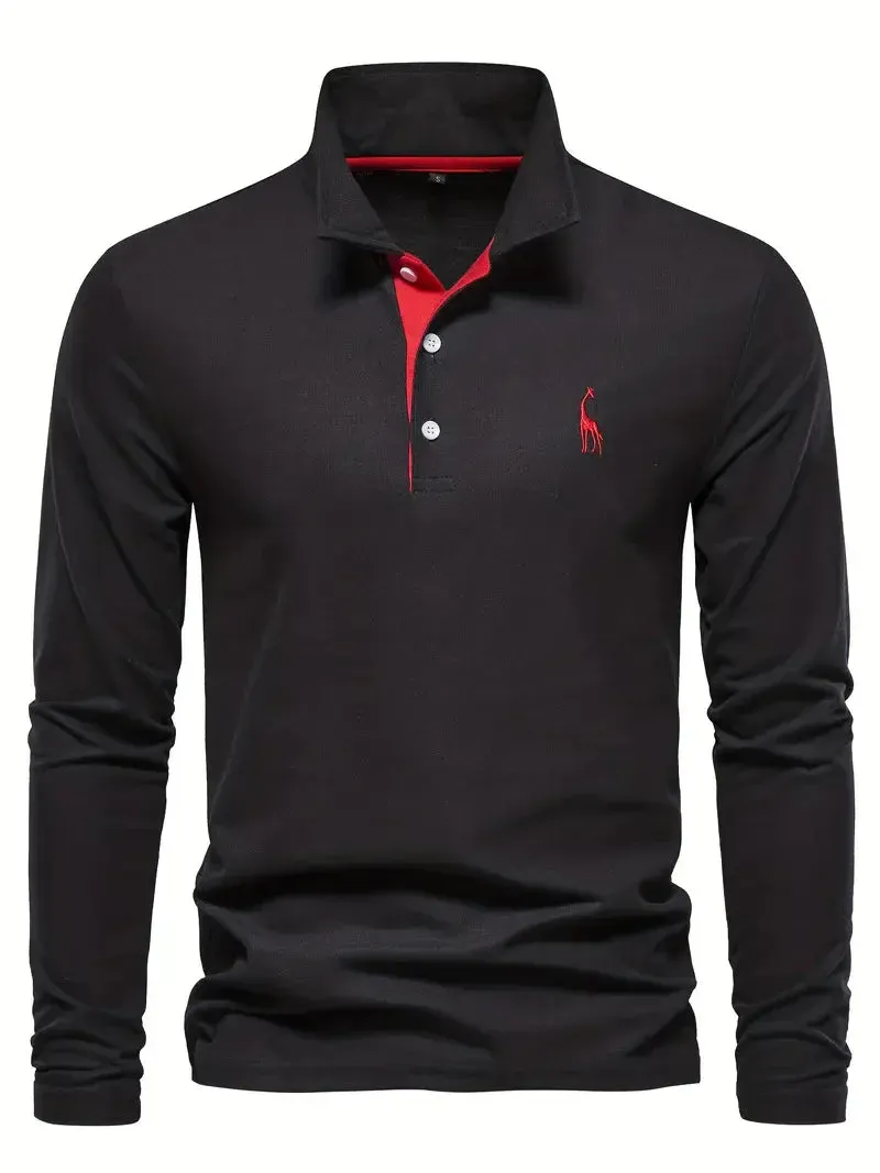 PoloMax - Heren Lange Mouw Polo Shirt met Geborduurd Logo, Casual Knoopsluiting Top
