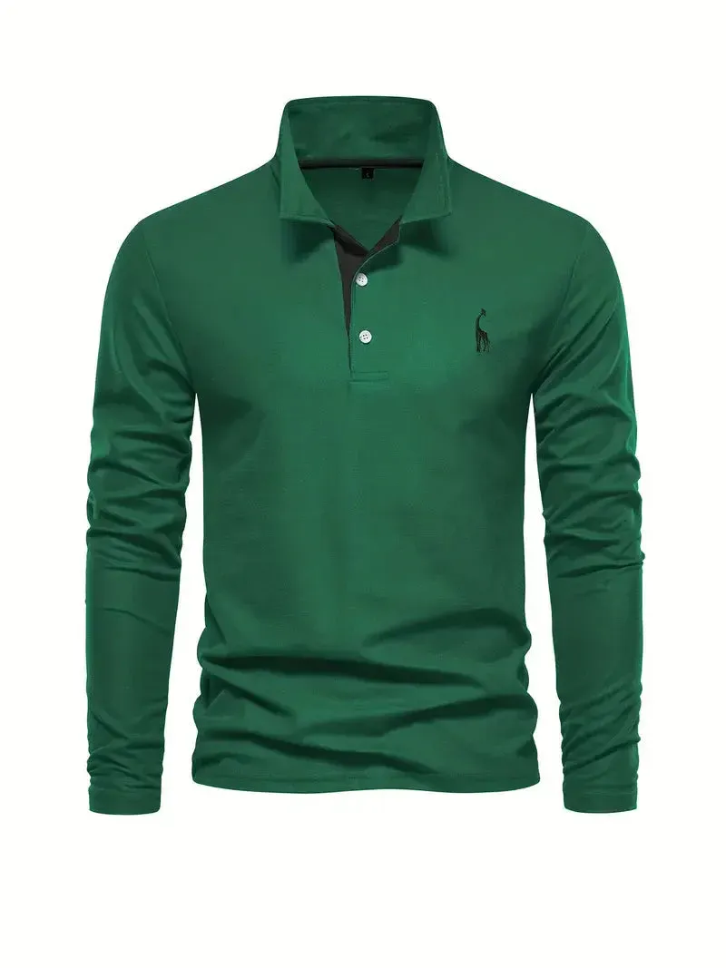 PoloMax - Heren Lange Mouw Polo Shirt met Geborduurd Logo, Casual Knoopsluiting Top