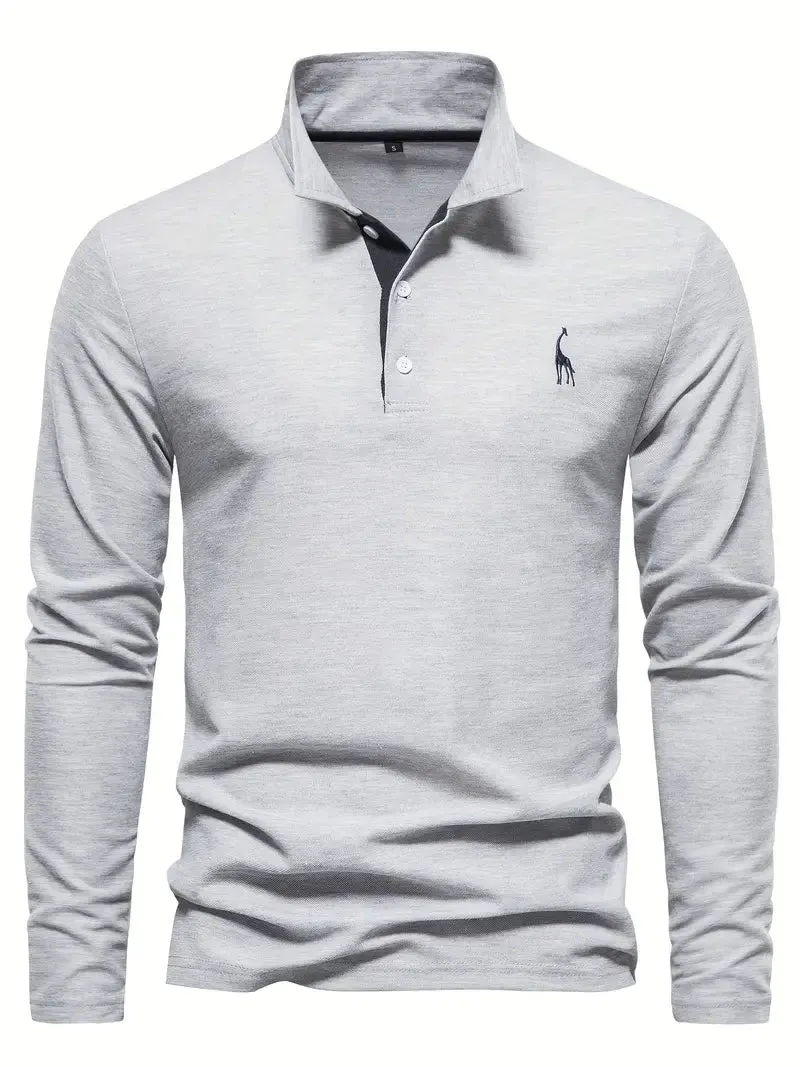 PoloMax - Heren Lange Mouw Polo Shirt met Geborduurd Logo, Casual Knoopsluiting Top