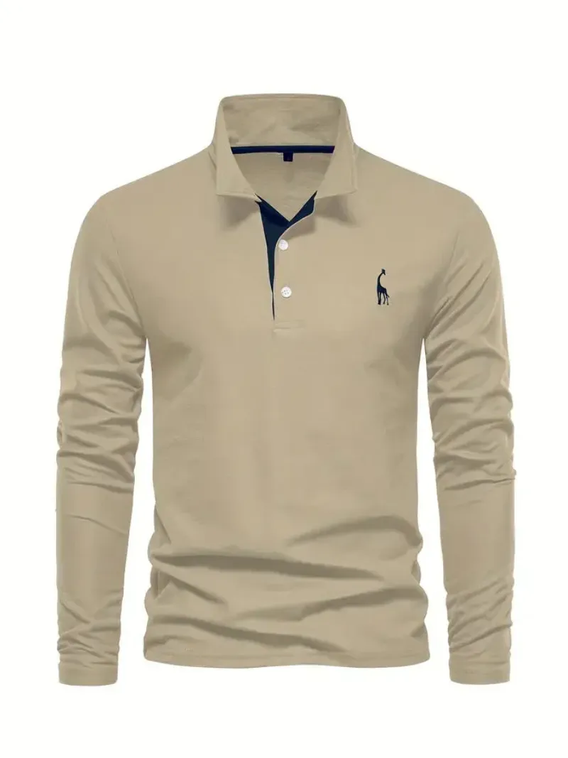 PoloMax - Heren Lange Mouw Polo Shirt met Geborduurd Logo, Casual Knoopsluiting Top