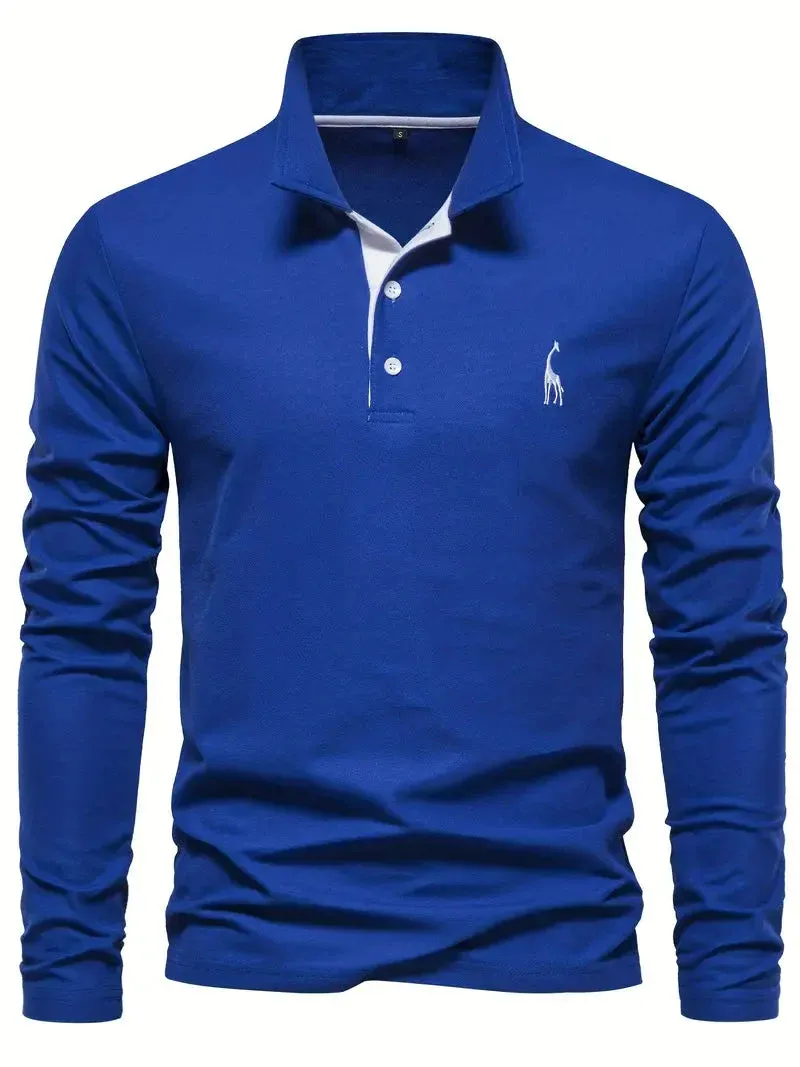 PoloMax - Heren Lange Mouw Polo Shirt met Geborduurd Logo, Casual Knoopsluiting Top