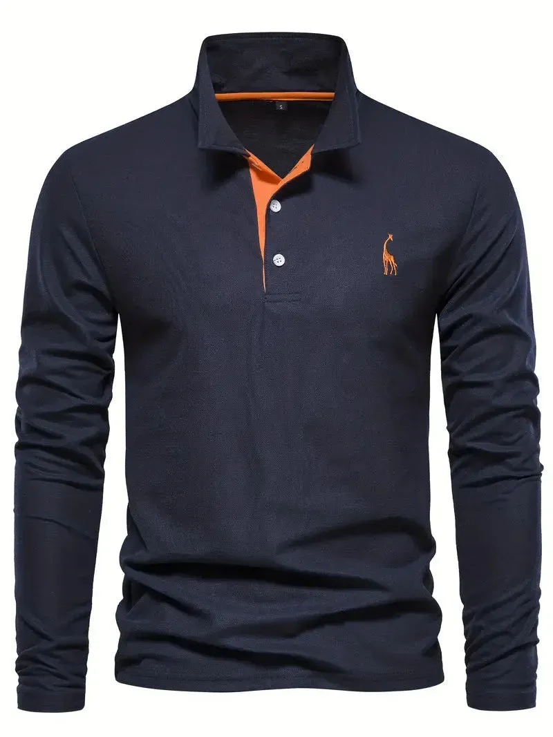 PoloMax - Heren Lange Mouw Polo Shirt met Geborduurd Logo, Casual Knoopsluiting Top
