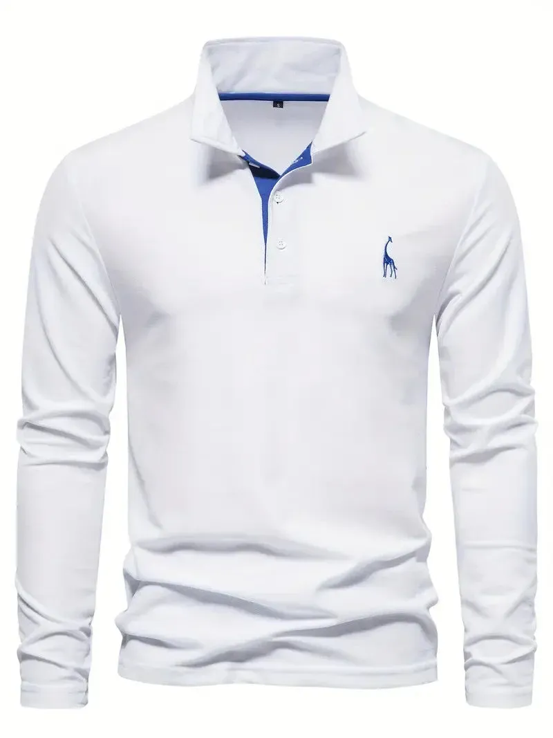 PoloMax - Heren Lange Mouw Polo Shirt met Geborduurd Logo, Casual Knoopsluiting Top