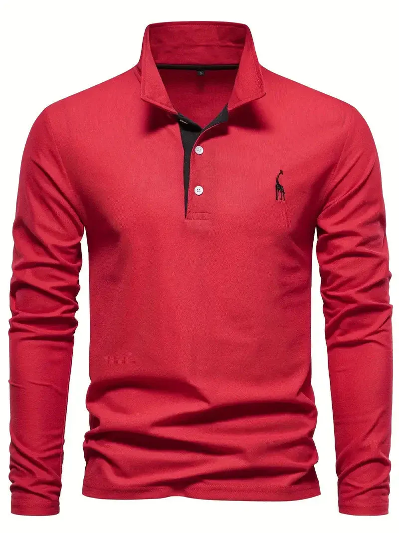 PoloMax - Heren Lange Mouw Polo Shirt met Geborduurd Logo, Casual Knoopsluiting Top