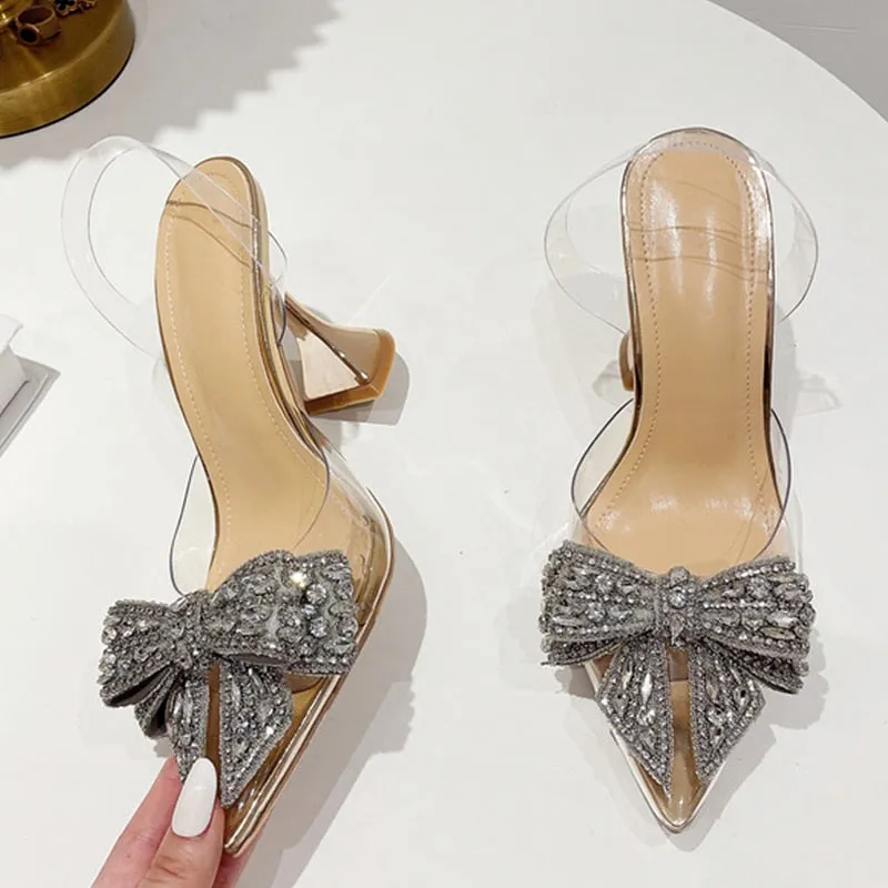 Rich and Opulent Clear Strap and Heels with Rhinestone Bow Accent