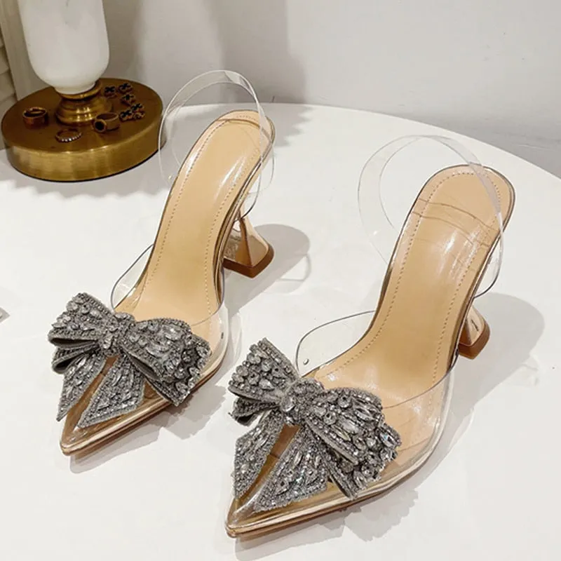 Rich and Opulent Clear Strap and Heels with Rhinestone Bow Accent