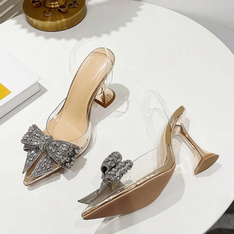 Rich and Opulent Clear Strap and Heels with Rhinestone Bow Accent