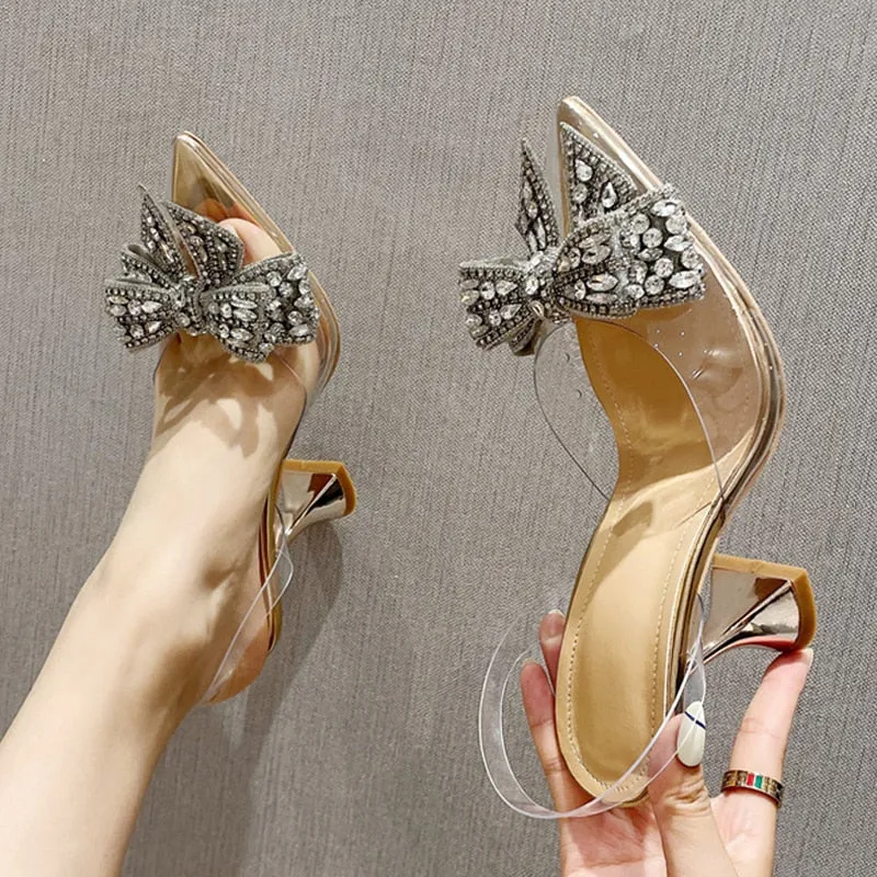 Rich and Opulent Clear Strap and Heels with Rhinestone Bow Accent