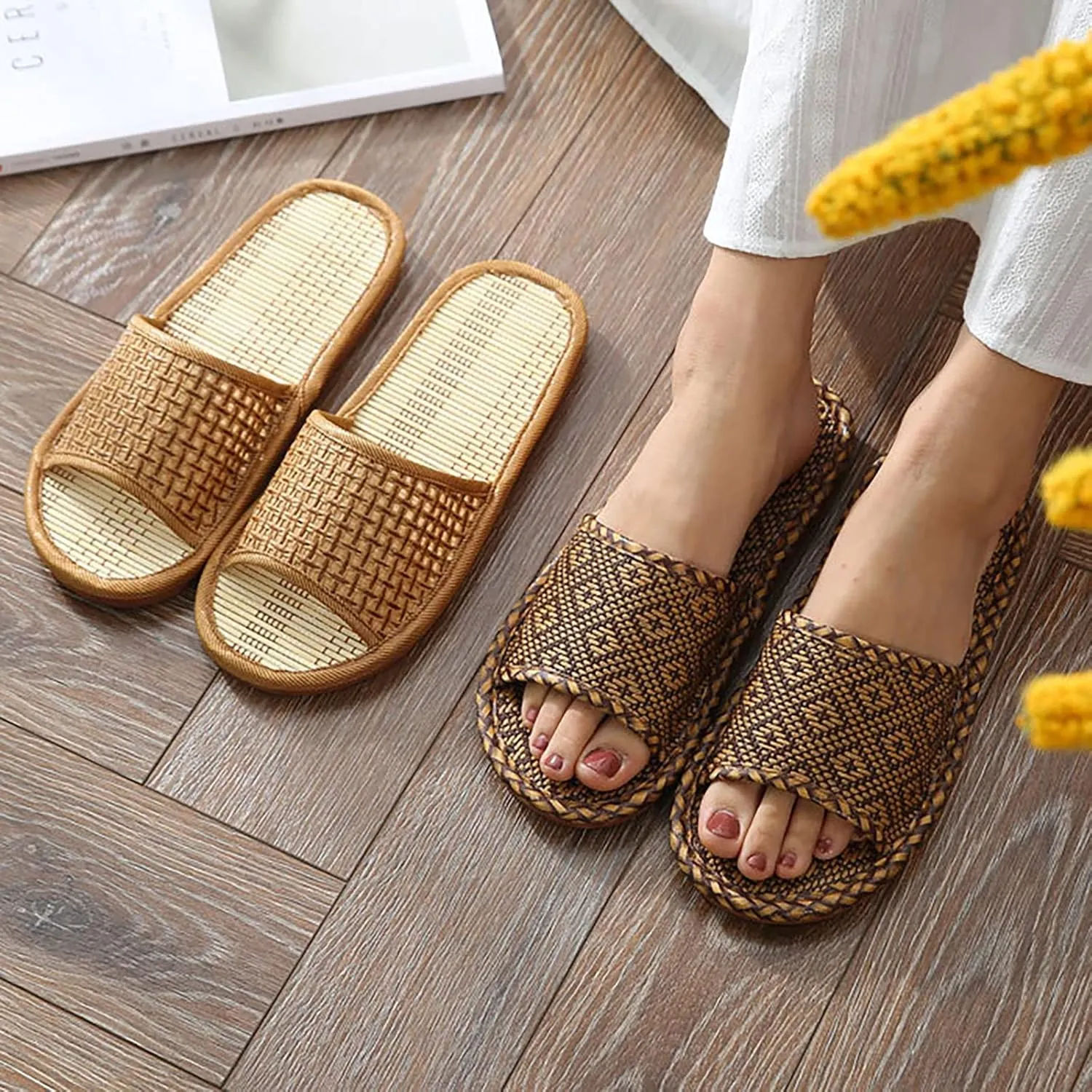 Slippers for Women,Straw Rattan Grass Sandal Slipper,Vine Grass Woven House Slipper,Non- Slip Lightweight Indoor Shoes