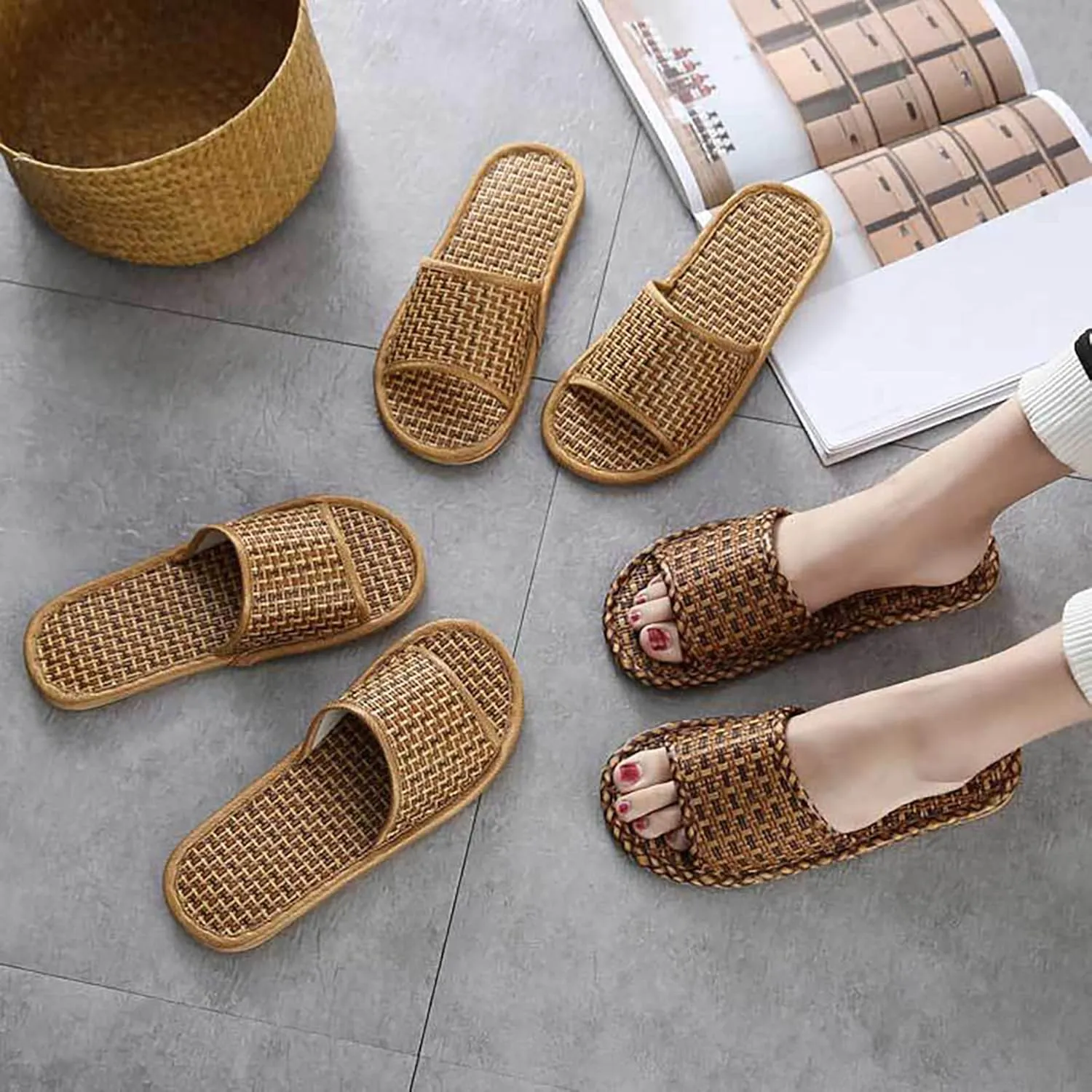 Slippers for Women,Straw Rattan Grass Sandal Slipper,Vine Grass Woven House Slipper,Non- Slip Lightweight Indoor Shoes