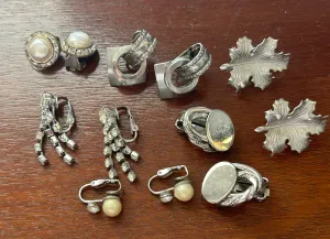 Vintage Clip on Screwback Earring Earrings Lot Silver Tone Rhinestone Modern