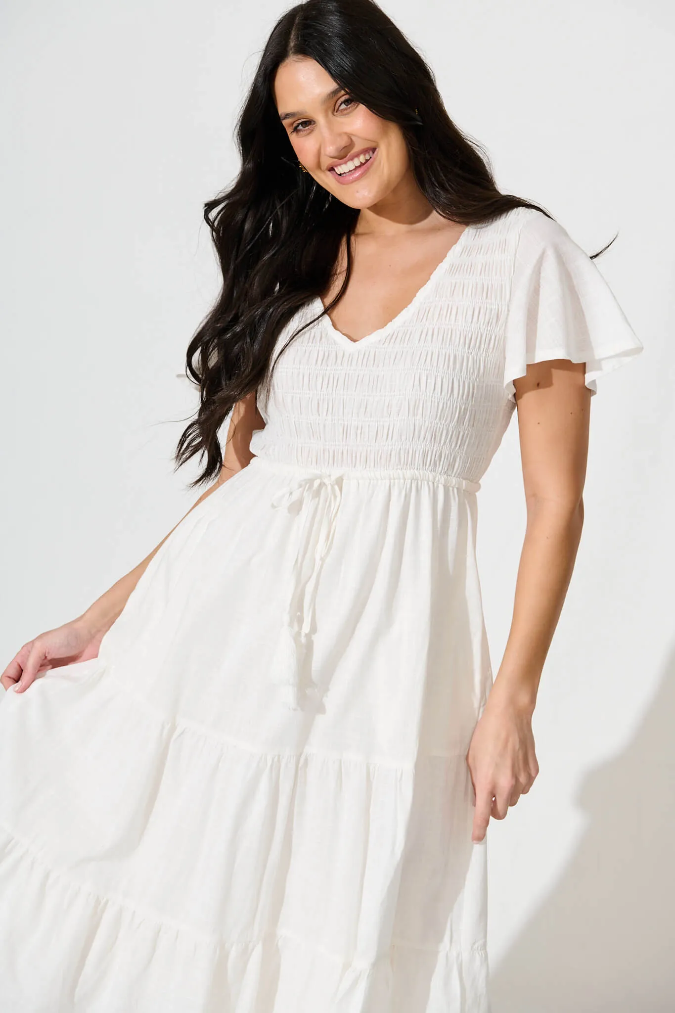 White Linen Blend Midi Dress - Callie