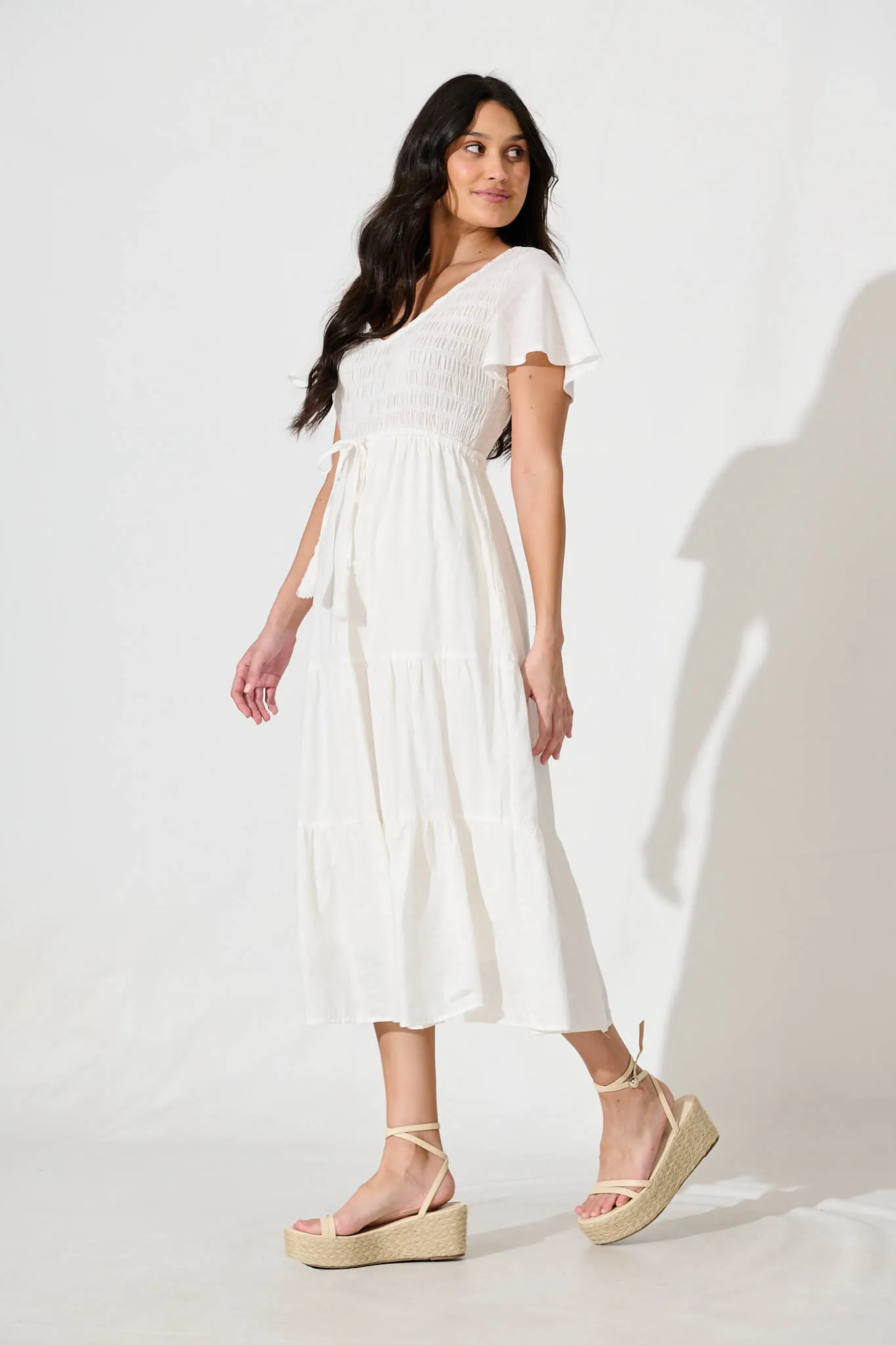 White Linen Blend Midi Dress - Callie