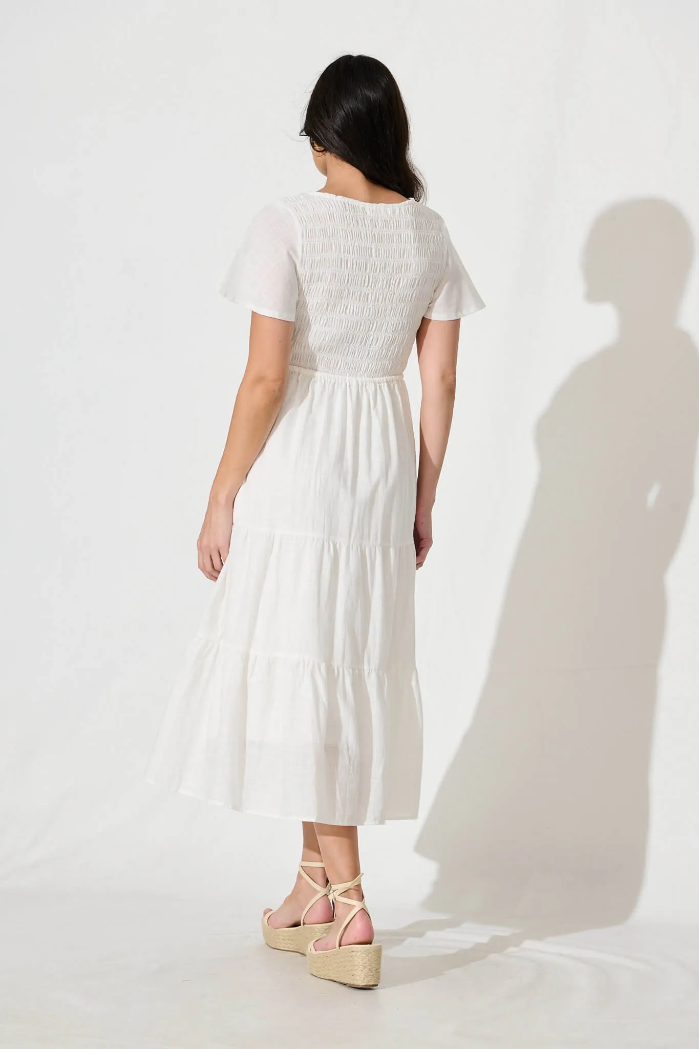 White Linen Blend Midi Dress - Callie