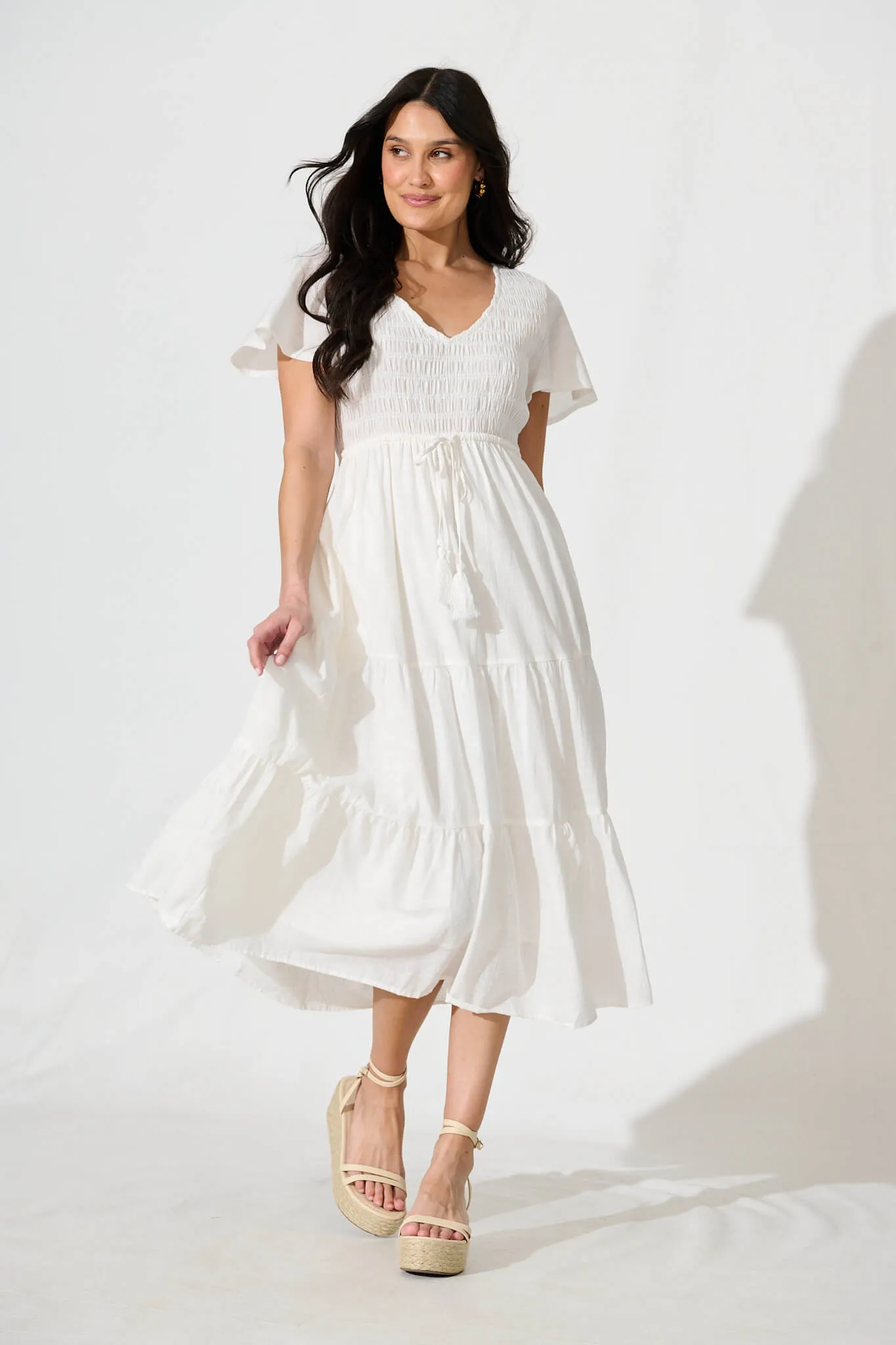 White Linen Blend Midi Dress - Callie