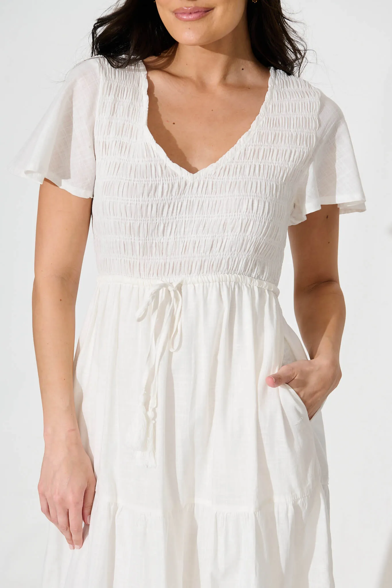 White Linen Blend Midi Dress - Callie