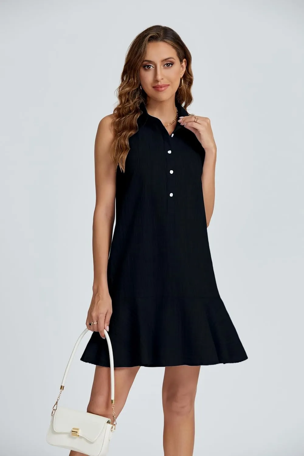 Womens Sleeveless Shirt Dress Ruffle Hem Cotton Tunic Tank Dress Button Up Swing Shift Mini Dresses