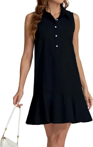 Womens Sleeveless Shirt Dress Ruffle Hem Cotton Tunic Tank Dress Button Up Swing Shift Mini Dresses